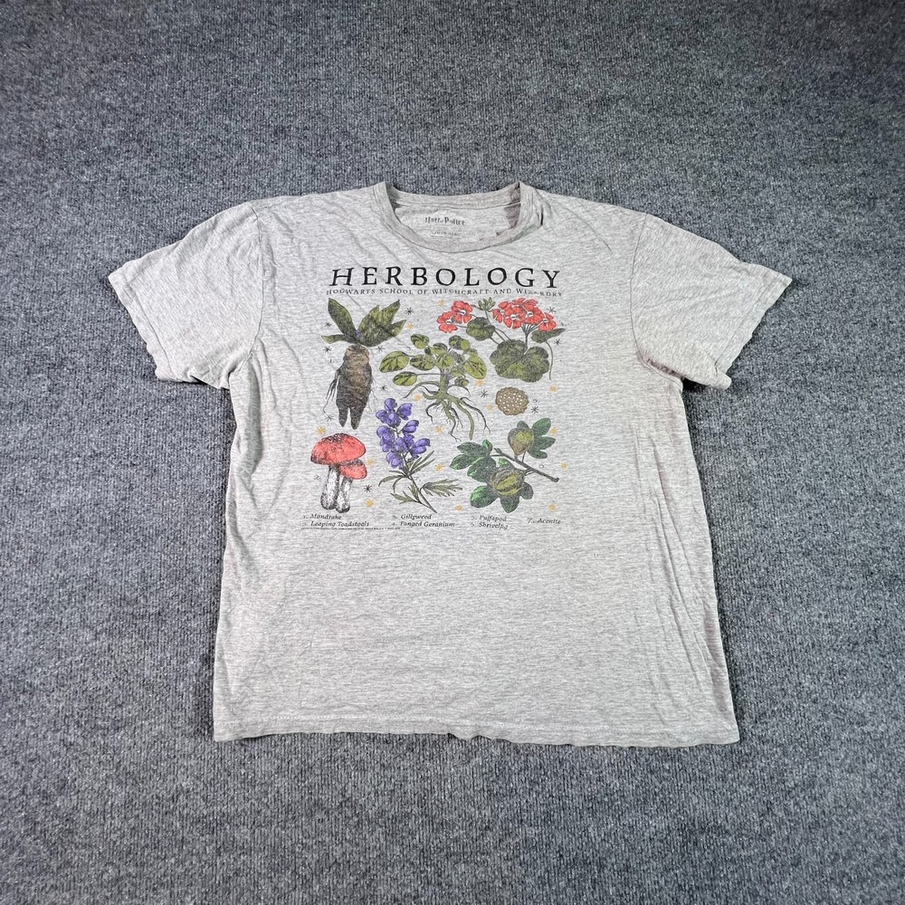 Harry Potter T-Shirt Men's L Gray Cotton Herbology Floral Graphic Casual Travel